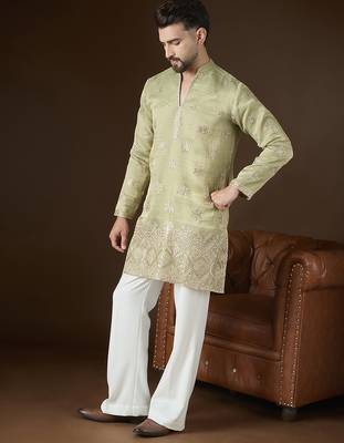 Men’s olive silk blend kurta with solid zari embroidered | trendy ethnic wear for festive, wedding & party occasions 1