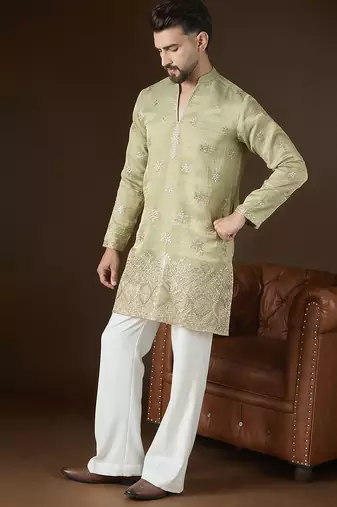 Men’s olive silk blend kurta with solid zari embroidered | trendy ethnic wear for festive, wedding & party occasions