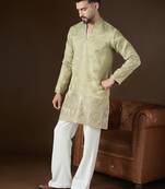Men’s olive silk blend kurta with solid zari embroidered | trendy ethnic wear for festive, wedding & party occasions
