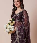 Purple embellished festive wear sheer saree with unstitched blouse