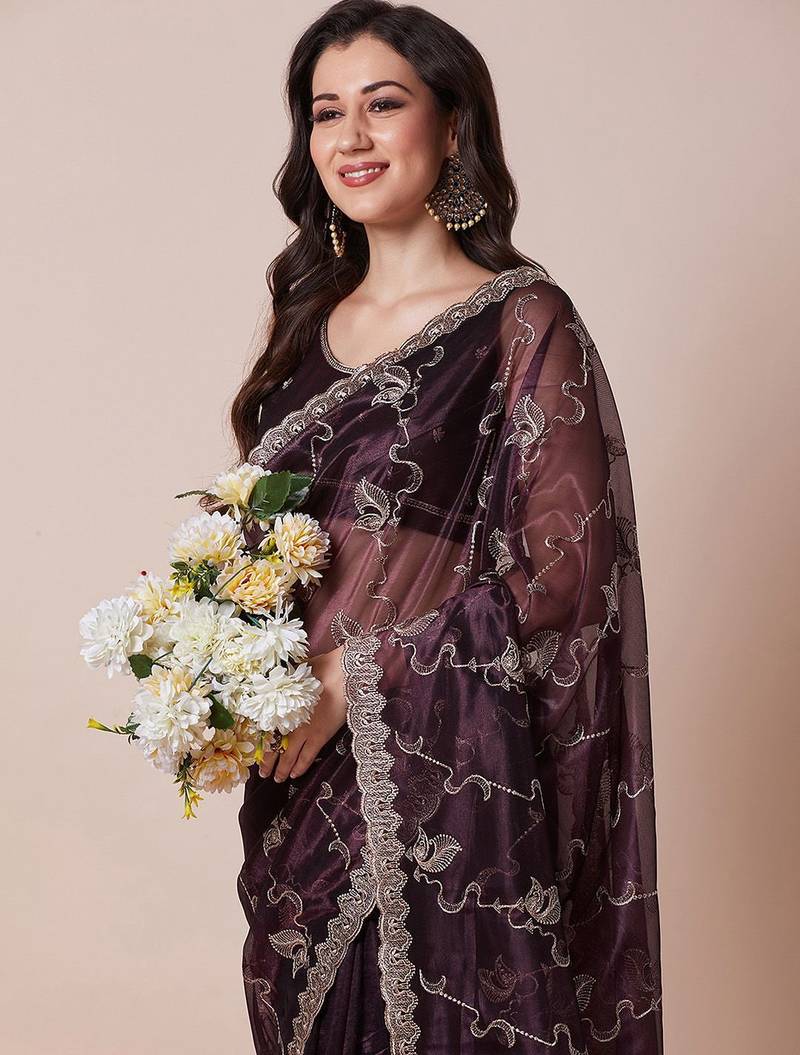 Purple embellished festive wear sheer saree with unstitched blouse