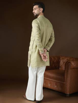 Men’s olive silk blend kurta with solid zari embroidered | trendy ethnic wear for festive, wedding & party occasions 4