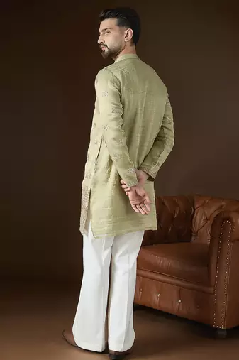 Men’s olive silk blend kurta with solid zari embroidered | trendy ethnic wear for festive, wedding & party occasions