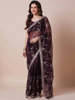 Purple embellished festive wear sheer saree with unstitched blouse 2