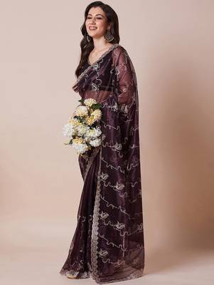Purple embellished festive wear sheer saree with unstitched blouse 3