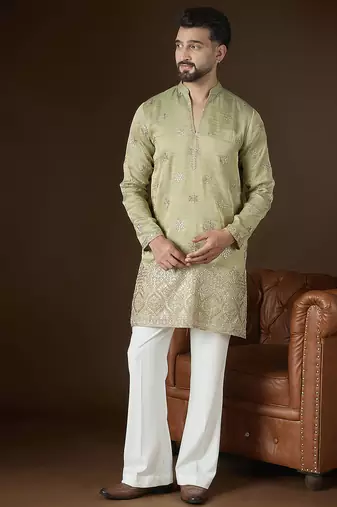 Men’s olive silk blend kurta with solid zari embroidered | trendy ethnic wear for festive, wedding & party occasions