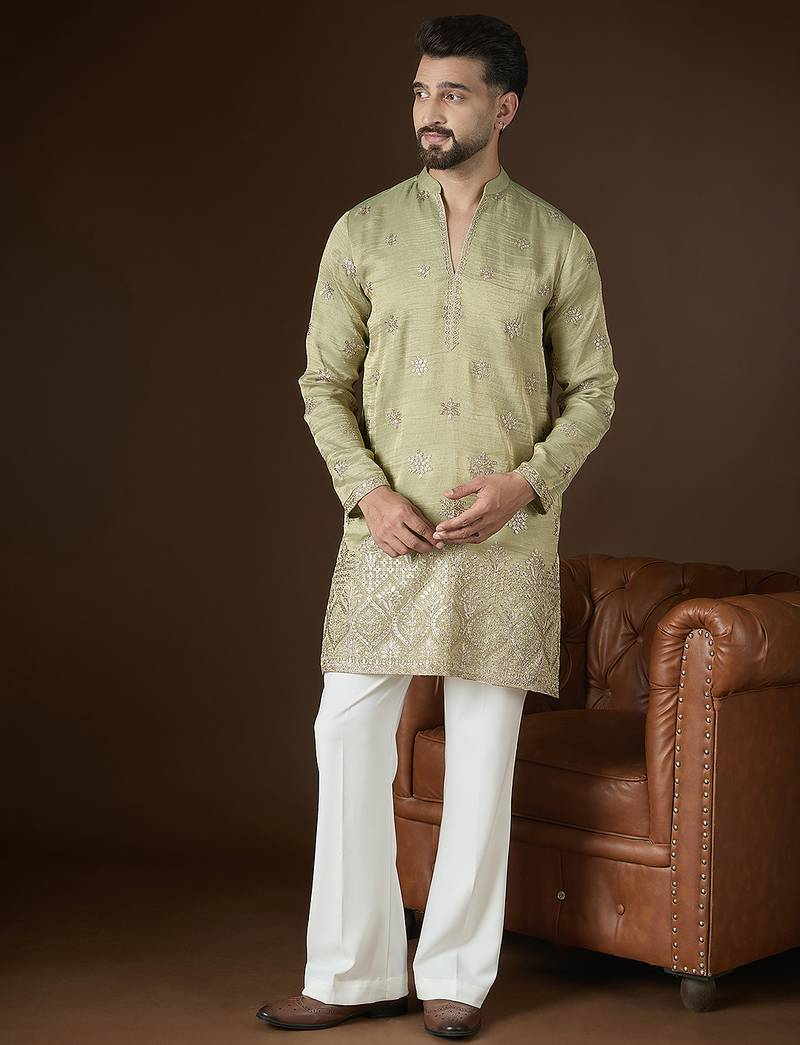 Men’s olive silk blend kurta with solid zari embroidered | trendy ethnic wear for festive, wedding & party occasions