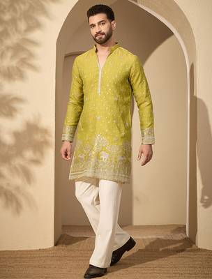 Men’s olive silk blend kurta with solid zari embroidered | trendy ethnic wear for festive, wedding & party occasions 1