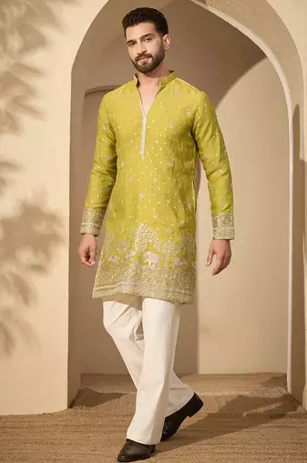 Men’s olive silk blend kurta with solid zari embroidered | trendy ethnic wear for festive, wedding & party occasions