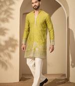 Men’s olive silk blend kurta with solid zari embroidered | trendy ethnic wear for festive, wedding & party occasions