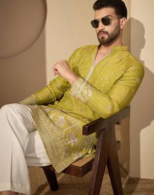 Men’s olive silk blend kurta with solid zari embroidered | trendy ethnic wear for festive, wedding & party occasions 2