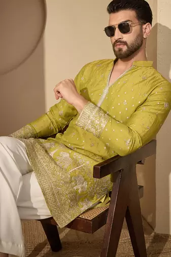 Men’s olive silk blend kurta with solid zari embroidered | trendy ethnic wear for festive, wedding & party occasions