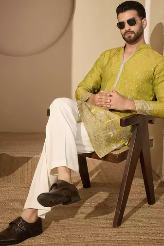 Men’s olive silk blend kurta with solid zari embroidered | trendy ethnic wear for festive, wedding & party occasions