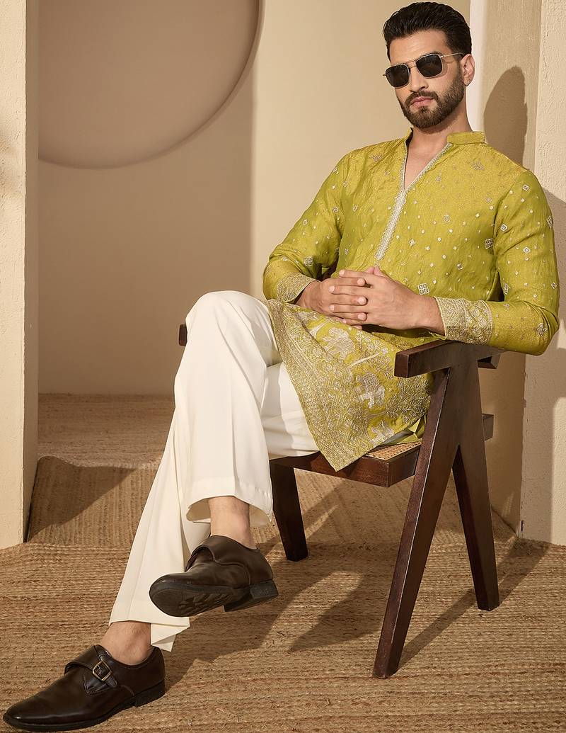 Men’s olive silk blend kurta with solid zari embroidered | trendy ethnic wear for festive, wedding & party occasions