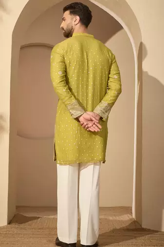 Men’s olive silk blend kurta with solid zari embroidered | trendy ethnic wear for festive, wedding & party occasions