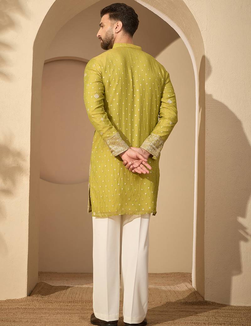 Men’s olive silk blend kurta with solid zari embroidered | trendy ethnic wear for festive, wedding & party occasions
