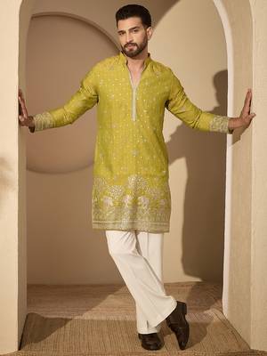 Men’s olive silk blend kurta with solid zari embroidered | trendy ethnic wear for festive, wedding & party occasions 5