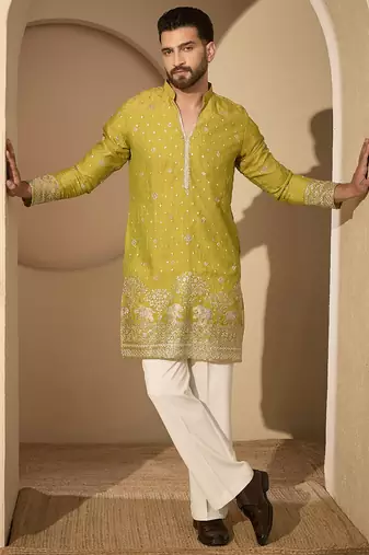 Men’s olive silk blend kurta with solid zari embroidered | trendy ethnic wear for festive, wedding & party occasions