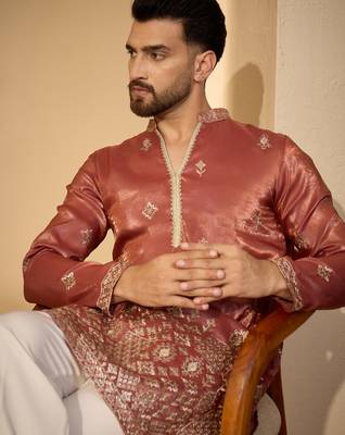 Men’s rust silk blend kurta with solid zari embroidered | trendy ethnic wear for festive, wedding & party occasions 2