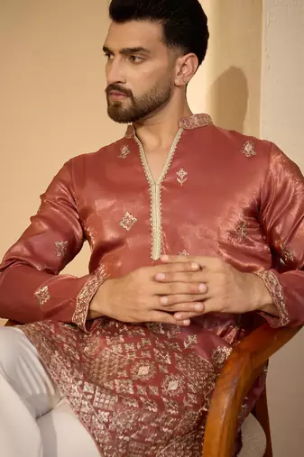 Men’s rust silk blend kurta with solid zari embroidered | trendy ethnic wear for festive, wedding & party occasions