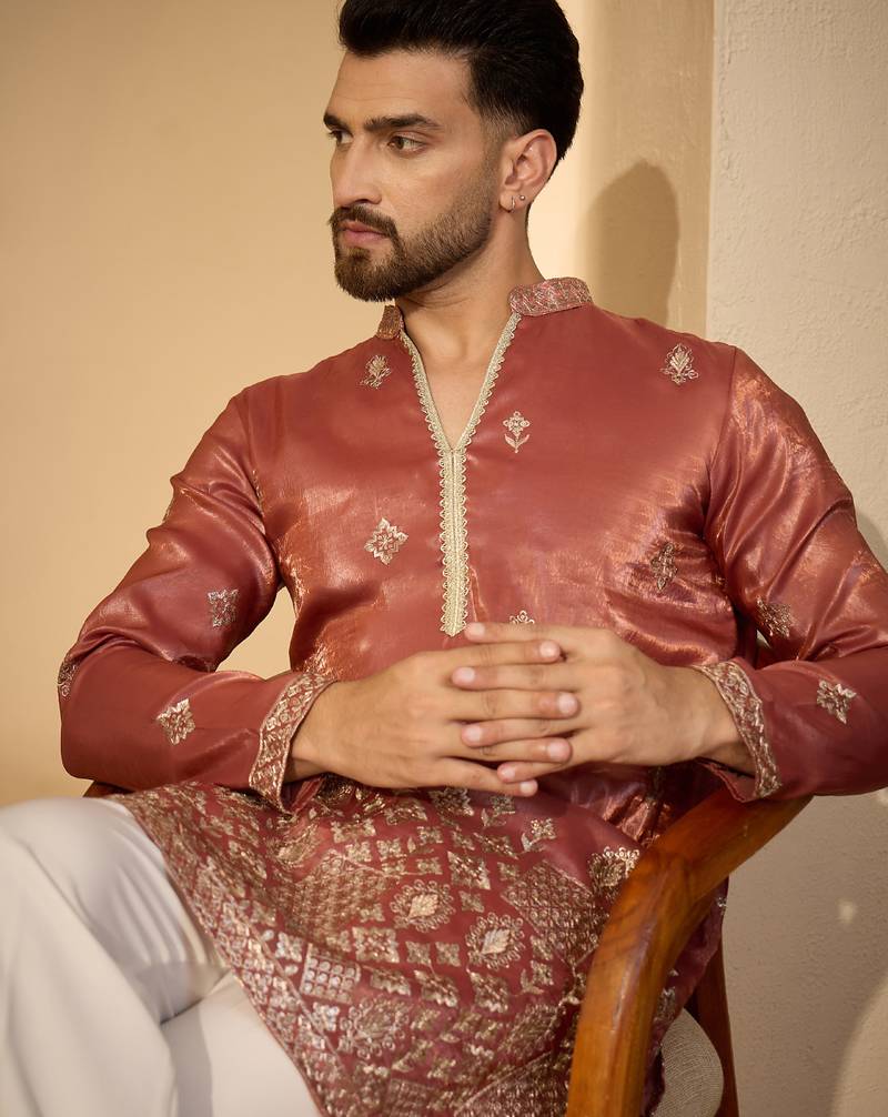 Men’s rust silk blend kurta with solid zari embroidered | trendy ethnic wear for festive, wedding & party occasions