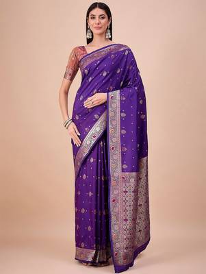 Purple ethnic motifs woven design zari saree with unstitched blouse 1
