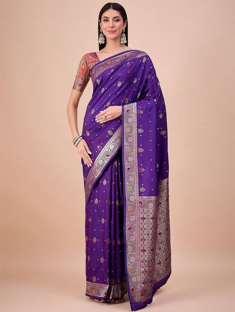 Purple ethnic motifs woven design zari saree with unstitched blouse