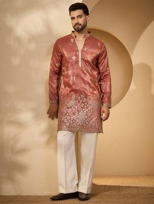 Men’s rust silk blend kurta with solid zari embroidered | trendy ethnic wear for festive, wedding & party occasions 1