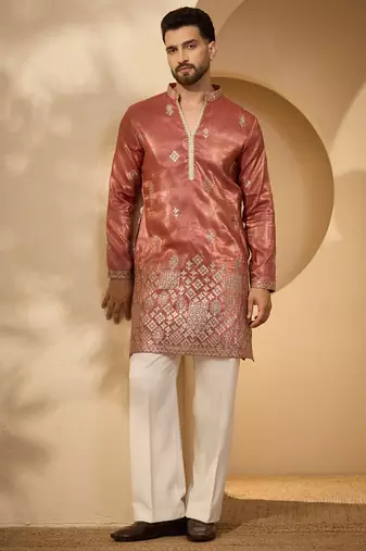 Men’s rust silk blend kurta with solid zari embroidered | trendy ethnic wear for festive, wedding & party occasions