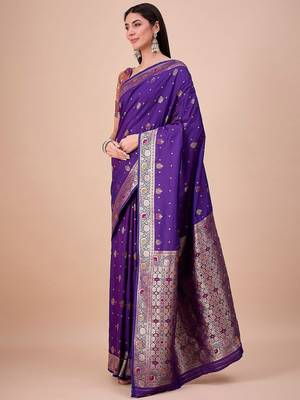 Purple ethnic motifs woven design zari saree with unstitched blouse 2