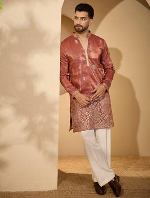 Men’s rust silk blend kurta with solid zari embroidered | trendy ethnic wear for festive, wedding & party occasions 3