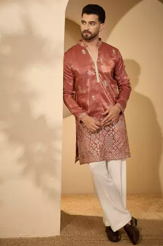 Men’s rust silk blend kurta with solid zari embroidered | trendy ethnic wear for festive, wedding & party occasions