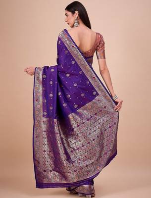 Purple ethnic motifs woven design zari saree with unstitched blouse 3