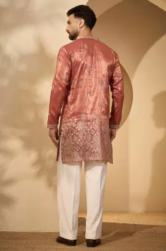 Men’s rust silk blend kurta with solid zari embroidered | trendy ethnic wear for festive, wedding & party occasions
