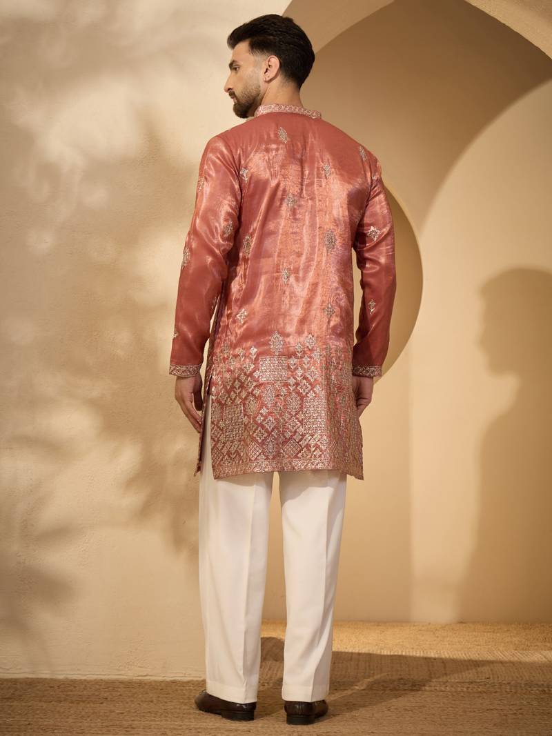 Men’s rust silk blend kurta with solid zari embroidered | trendy ethnic wear for festive, wedding & party occasions