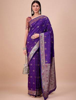 Purple ethnic motifs woven design zari saree with unstitched blouse 4
