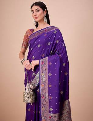 Purple ethnic motifs woven design zari saree with unstitched blouse 5