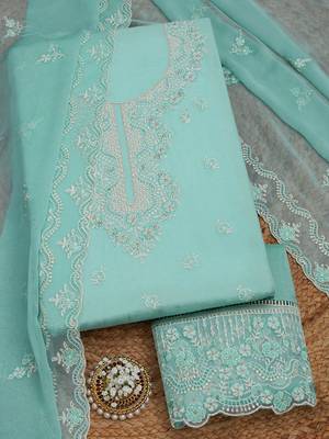 ethnic motifs embroidered beads and stones organza unstitched dress material 1