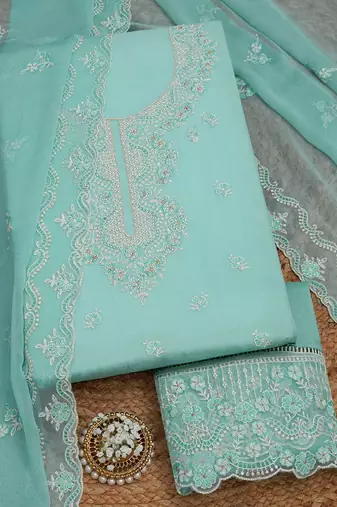 ethnic motifs embroidered beads and stones organza unstitched dress material