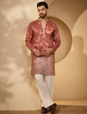Men’s rust silk blend kurta with solid zari embroidered | trendy ethnic wear for festive, wedding & party occasions 5