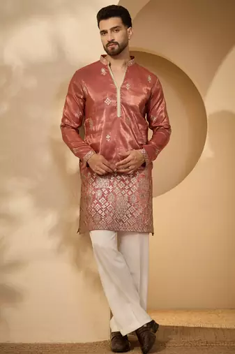 Men’s rust silk blend kurta with solid zari embroidered | trendy ethnic wear for festive, wedding & party occasions