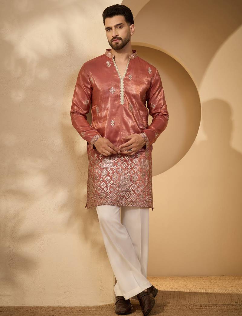 Men’s rust silk blend kurta with solid zari embroidered | trendy ethnic wear for festive, wedding & party occasions