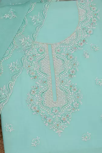 ethnic motifs embroidered beads and stones organza unstitched dress material