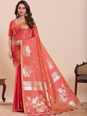 Coral woven design saree with unstitched blouse 1