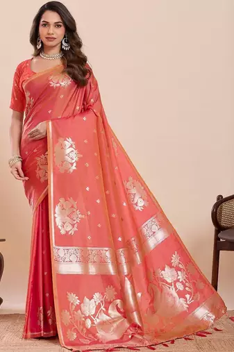Coral woven design saree with unstitched blouse