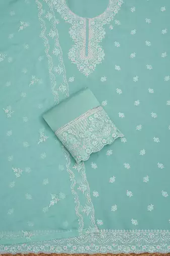 ethnic motifs embroidered beads and stones organza unstitched dress material