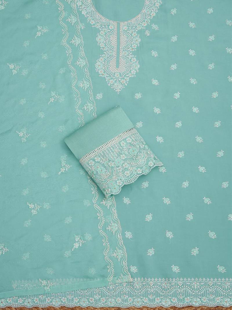 ethnic motifs embroidered beads and stones organza unstitched dress material