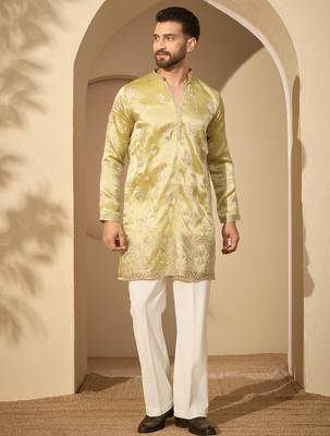 Men’s lime green silk blend kurta with solid zari embroidered | trendy ethnic wear for festive, wedding & party 1