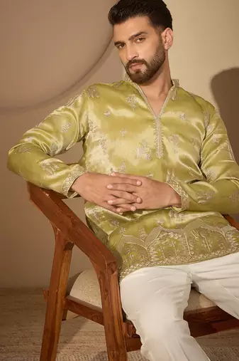 Men’s lime green silk blend kurta with solid zari embroidered | trendy ethnic wear for festive, wedding & party