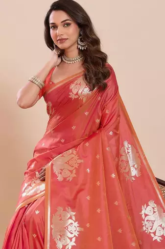 Coral woven design saree with unstitched blouse